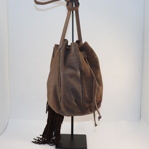Barbara Bonner Leather Fringe Bucket Bag Women Medium Brown Studded Boho Western